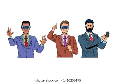 men with virtual reality headset and cellphone avatar cartoon character vector illustration graphic design
