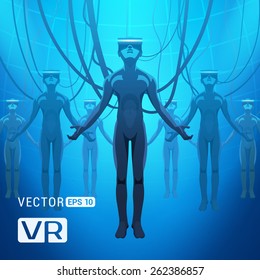 Men in a virtual reality helmets. Futuristic males figures in a VR headsets against the blue abstract background