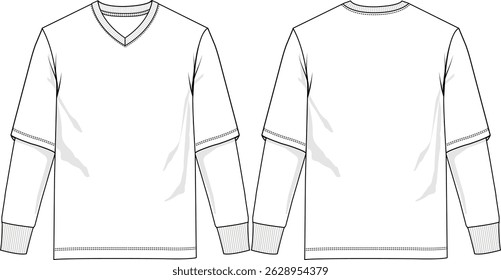 Men v-neck long sleeves layered straight hem, front and back sketch