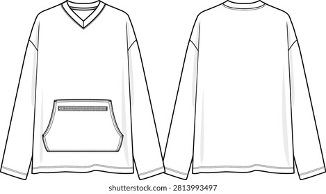 Men v-neck oversized long sleeves top with kangaroo pocket with zipper, dropped shoulder, sketch front and back, vectors, basics clothing, illustration, activewear
