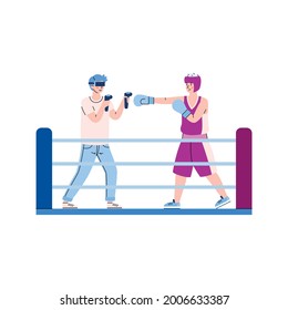 Men with vr devices playing in sport video game using futuristic computer technologies. Simulation fight in boxing ring in cyberspace virtual augmented reality. Vector illustration