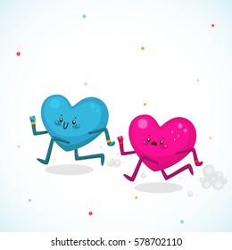 Men vs women, cute hearts, cartoon characters.