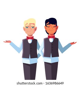 men waiters with uniform in different poses vector illustration design