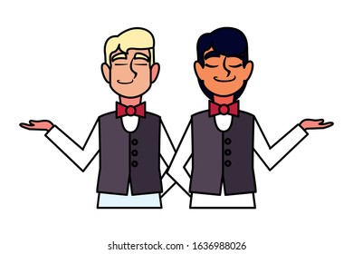 men waiters with uniform in different poses. vector illustration design.