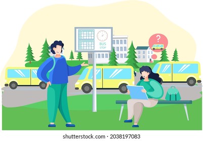 Men waiting for bus stand communicating, discussing which type of transport to choose, make decision. People standing near road waiting for car, make confusion choose path. Search for right answer