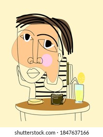 Men waiting at the cafe vector illustration. Sketch, hand drawn, line, artistic, simple color.
