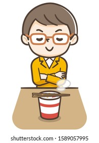 Men waiting for cup ramen to be completed