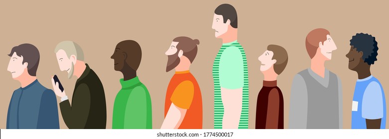 Men Waiting In Queue Vector Illustration. Man Only Crowd Long Line Standing.  Man Hipster, Tall Male, Smiling, Looking At His Phone, Bearded Men. 