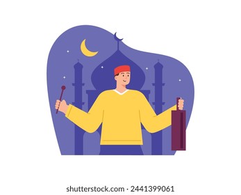 Men wake people up for suhoor at night during the month of Ramadan. Character design. Vector flat illustration