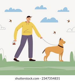 Men walk dog on nature or park landscape