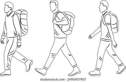 men walking with backpacks, sketch, contour, on a white background vector