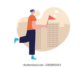 Männer gehen mit Flaggen und roten Kleidung in der Stadt, menschliche soziale Demonstration Protest. Zeichendesign. Vektorgrafik