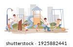 Men walking with children outdoor at playground vector flat illustration. Happy smiling kids playing with toys, riding on seesaw, building sand castle with fathers. Childhood and parenting concept.