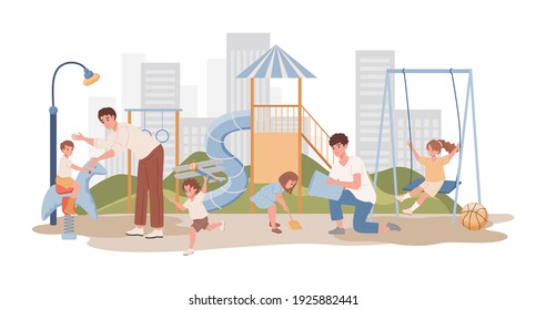 Men walking with children outdoor at playground vector flat illustration. Happy smiling kids playing with toys, riding on seesaw, building sand castle with fathers. Childhood and parenting concept.