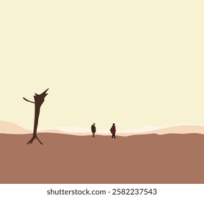 Men walking in desert land with deadly tree. Water crisis and World Climate change. Minimal design.