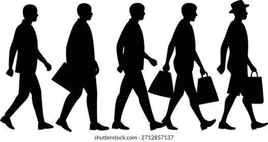 Homens andando em perfil Silhueta Vetor conjunto com sacos de compras