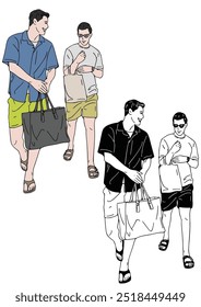 Men walking and talking happily, hand drawn, color illustration