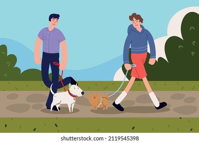 men walking with their pets in the park