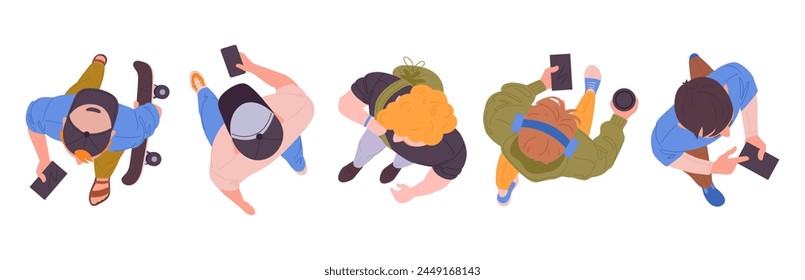 Men walking top view. Walking male characters, moving diverse people group view from above, guys strolling flat vector illustration set. Cartoon men top view