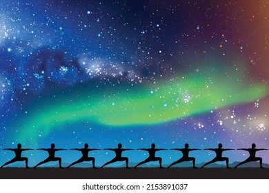 Men in warrior pose. Yogi silhouette at night. Green aurora borealis