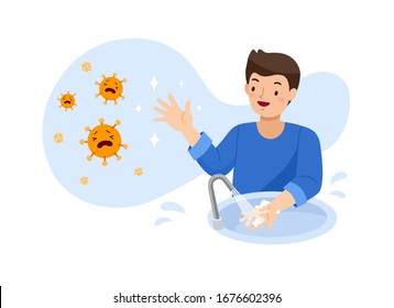 Los hombres se lavan las manos con jabón para prevenir bacterias, contaminantes y el virus, Covid-19. Ilustración sobre el coronavirus esparcido en público.