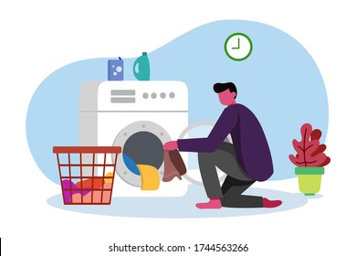 Men Washing Clothes using Washing Machine, Outwork Activity, Work From Home Flat Illustration