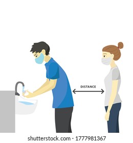 Men washing their hands, women queuing while keeping their distance safely