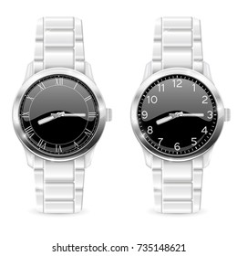 Men watch with metal bracelet. Vector 3d illustration isolated on white background