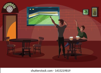 Men watching football match in bar flat vector illustration. Friends watching TV isolated cartoon characters. Guys having fun in pub after workday. Football fans
