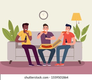 Men watching soccer on the TV with beer and pizza. Vector flat style illustration