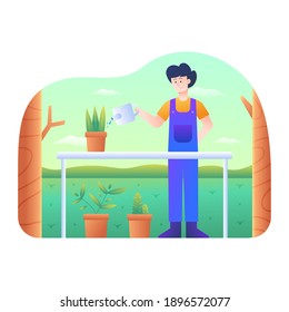Men watered the plants in the garden