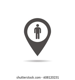 Men WC location icon. Drop shadow map pointer silhouette symbol. Boys restroom pinpoint. Vector isolated illustration