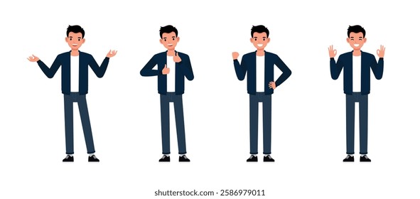 Men wear blue jacket character vector illustration design set. Men express positive emotions happiness, pride, joy, encouragement.