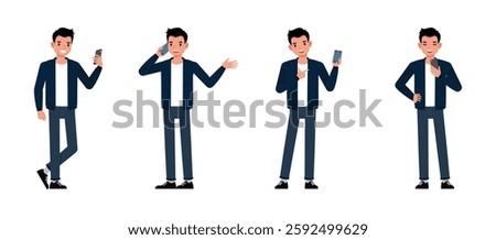Men wear blue jacket character set. Man looking, pointing, talk on phone. Vector illustration cartoon design.