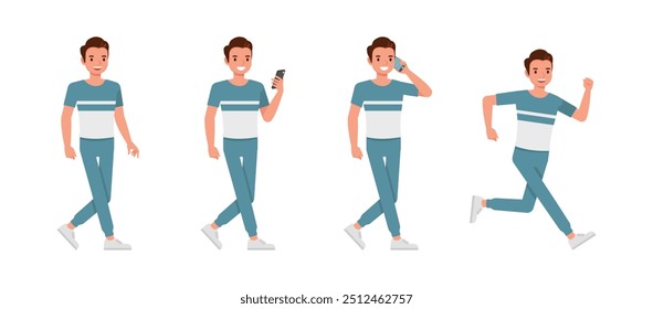 Men wear blue and white t-shirt character vector illustration design set. Man talk on phone, walk and run.