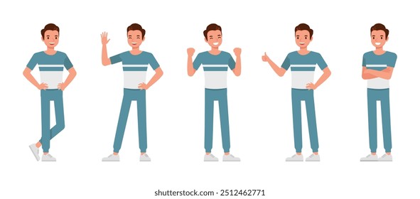 Men wear blue and white t-shirt character vector illustration design set. Men express positive emotions happiness, pride, joy, encouragement.