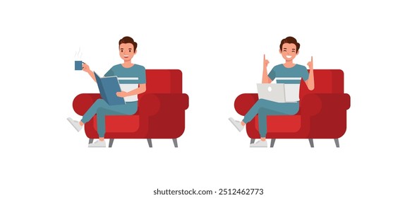 Men wear blue and white t-shirt character vector illustration design set. Man sitting on sofa, reading book and woking.