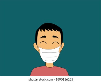 Men wear face masks to prevent COVID 19 transmission on green background.