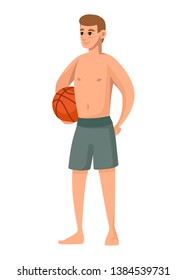 Men wear green swimsuit and hold basketball ball. Beach shorts. Cartoon character design. Flat vector illustration isolated on white background.