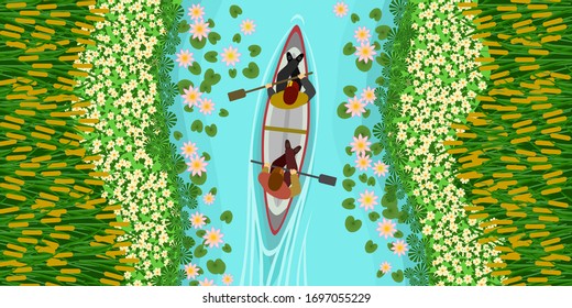 Men wear a hats and canoeing along the canals.Adventures and discovery concept,Minimal style,On the top views,canals and flowers as a background.Vector,Illustration.