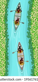 Men wear a hats and canoeing along the canals.Adventures and discovery concept,Minimal style,On the top views,canals and flowers as a background.Vector illustration about canoeing adventure.