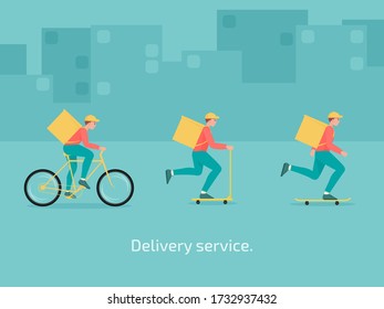 Men wear hats to drive bicycles and scooters along with skateboards, Delivery service set. vector illustration flat design.
