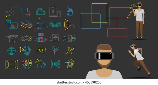 Men wear virtual reality with icon set vector illustration