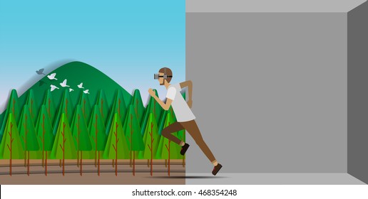 Men wear virtual reality simulation with nature environment vector illustration