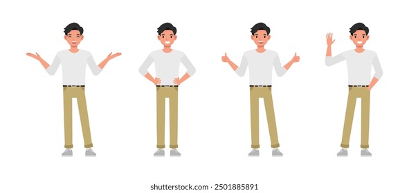 Los hombres llevan camisa blanca juego de caracteres. Muchos puntos, gesto OK, saludar y presentación. Diseño de dibujos animados de Ilustración vectorial.