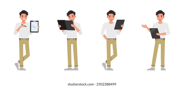 Men wear white shirt character set. Man thinking, looking and showing clipboard. Vector illustration cartoon design.