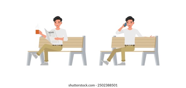 Men wear white shirt character set. Man sitting, drinking coffee, reading newspaper. Vector illustration cartoon design.