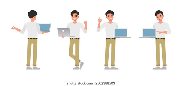 Men wear white shirt character set. Man with laptop. Vector illustration cartoon design.