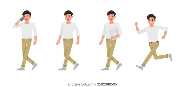 Los hombres llevan camisa blanca juego de caracteres. El hombre habla por teléfono, camina y corre. Diseño de dibujos animados de Ilustración vectorial.