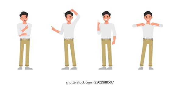 Men wear white shirt character set. Man pointing finger. Vector illustration cartoon design.